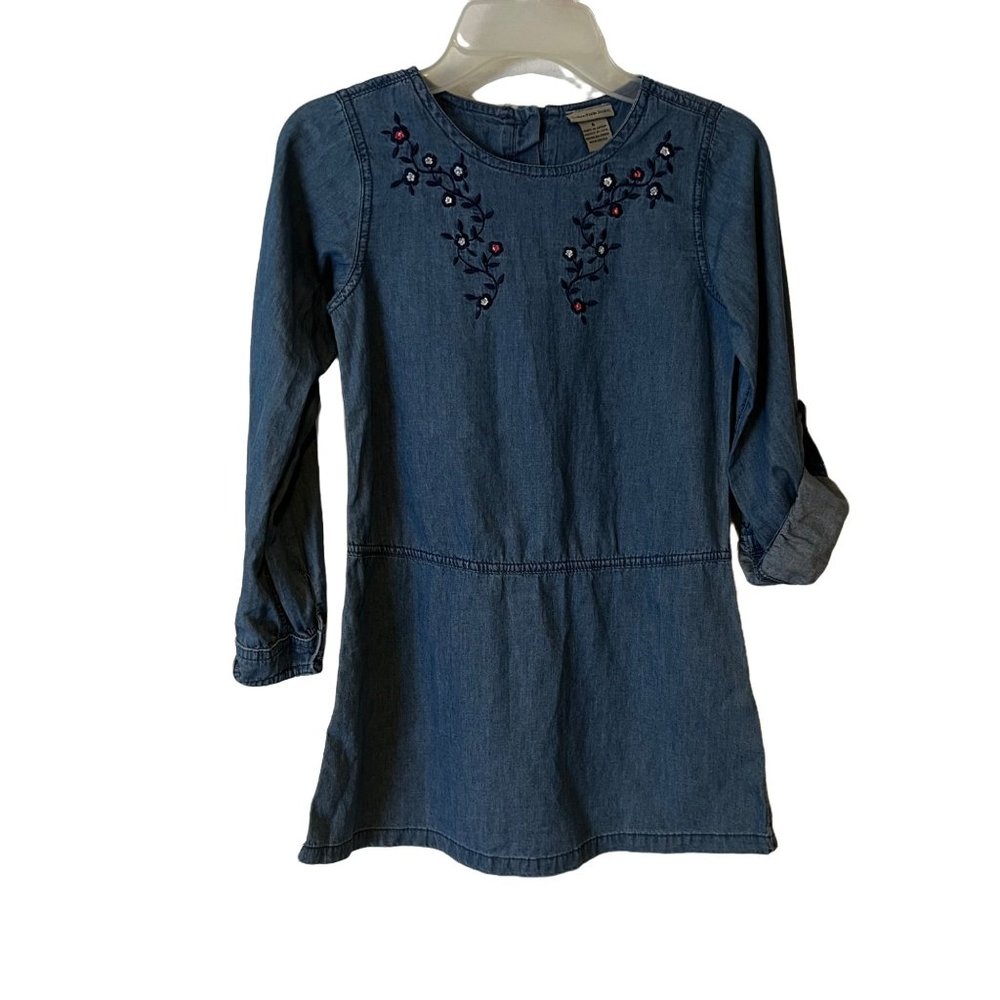 Calvin Klein Jeans Dress Blue Floral Embroidered Long Tab Sleeves Youth Girls 6